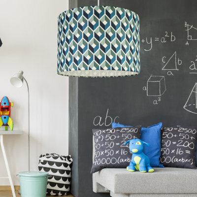 Printed Blue & Green Geometric Cylinder Lamp Shade (D)30Cm - image 1