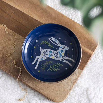 Leaping Hare Trinket Dish Midnight Blue Ceramic Jewellery Dish - image 1