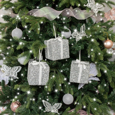 Melody Maison Set Of 3 Silver Tinsel & White Ribbon Christmas Present Tree Decorations - image 1