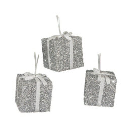 Melody Maison Set Of 3 Silver Tinsel & White Ribbon Christmas Present Tree Decorations - thumbnail 5