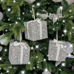 Melody Maison Set Of 3 Silver Tinsel & White Ribbon Christmas Present Tree Decorations - thumbnail 4
