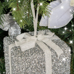 Melody Maison Set Of 3 Silver Tinsel & White Ribbon Christmas Present Tree Decorations - thumbnail 2