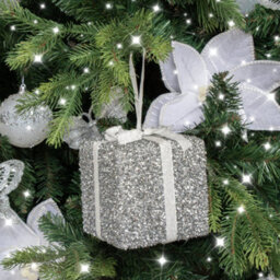 Melody Maison Set Of 3 Silver Tinsel & White Ribbon Christmas Present Tree Decorations - thumbnail 3