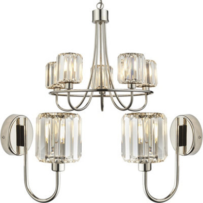 Loops 5 Light Ceiling Pendant & 2X Matching Wall Lights - Bright Nickel Frosted Glass Chandelier - image 1