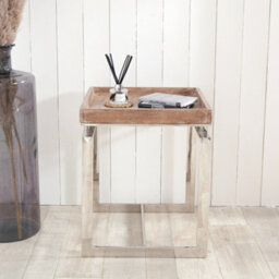 Pacific Lifestyle Antique Mango Wood Square Side Table With Silver Steel Frame And Lipped Top 46Cm, Evelyn - thumbnail 1
