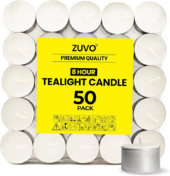 Zuvo 8-Hour Unscented Tea Light Candles (50-Pack) - Long-Lasting With Cotton Wicks, Clean Burning, 3.8 X 2.3 Cm, White