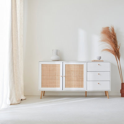Sweeek - 150Cm Scandi-Style Wooden And Cane Effect Sideboard Blanc Cassé 150X39X79 Cm - Boheme - image 1