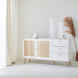 Sweeek - 150Cm Scandi-Style Wooden And Cane Effect Sideboard Blanc Cassé 150X39X79 Cm - Boheme - thumbnail 6