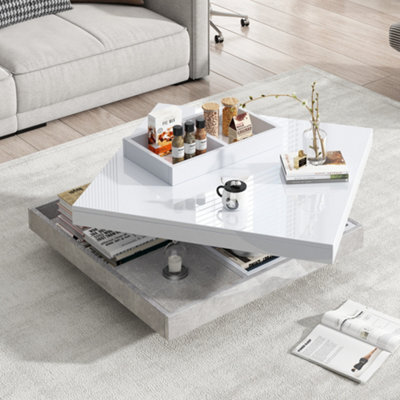 Btm Lift-Top Coffee Table 100Cm, 4 Drawers, Led High Gloss, Hidden Storage, White And Grey - image 1