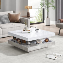 Btm Lift-Top Coffee Table 100Cm, 4 Drawers, Led High Gloss, Hidden Storage, White And Grey - thumbnail 6