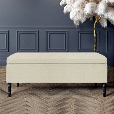 137Cm Paris Plain Ottoman Storage Bench -Naples Shoes Bench With Black Turned Wooden Legs - Cream Upholstery Storage Footstool - image 1