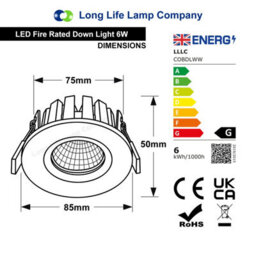 Long Life Lamps Company 6W Modern Led Recessed Fire Rated Ceiling Downlight Ip65 3000K - thumbnail 2