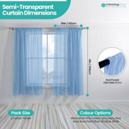 "Neel Blue Voile Curtains Slot Top, 2 Curtains, Sky Blue - 56"" Width X 54"" Drop" - thumbnail 2