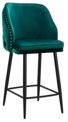 Lamboro Mayfair Velvet Kitchen Bar Stool, Extra Padded Seat, Powder Coated Black Legs & Footrest, Home & Breakfast Barstool, Sage Green