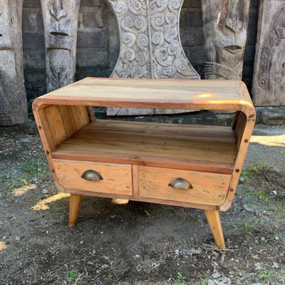 Serenityy Compact Round Tv Stand With 2 Drawers And Shelf - Upcycled Teak, Rustic Finish - image 1