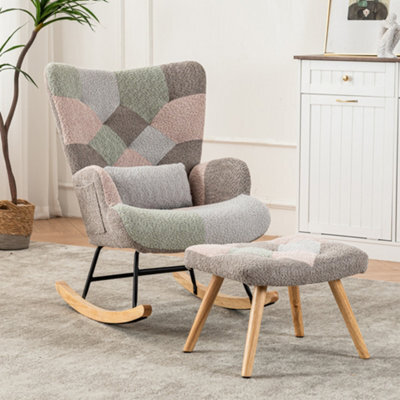 Btm Fabric Rocking Chair With Footstool Pillow Wooden Legs Accent Wingback Armchair For Living Room - image 1