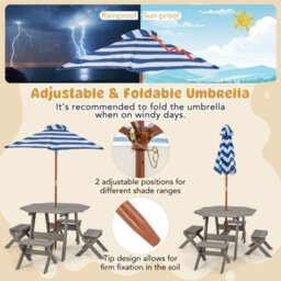 Costway Wooden Octagon Table Set Kids Picnic Table & 4 Chairs W/ Umbrella - thumbnail 4