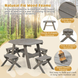 Costway Wooden Octagon Table Set Kids Picnic Table & 4 Chairs W/ Umbrella - thumbnail 5