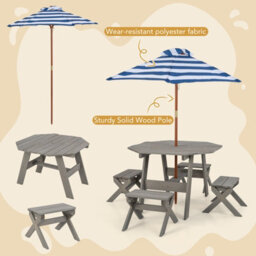 Costway Wooden Octagon Table Set Kids Picnic Table & 4 Chairs W/ Umbrella - thumbnail 6