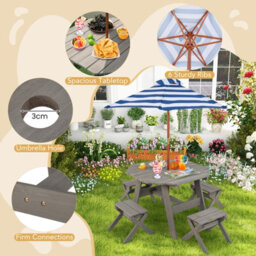 Costway Wooden Octagon Table Set Kids Picnic Table & 4 Chairs W/ Umbrella - thumbnail 7