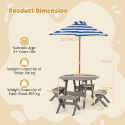 Costway Wooden Octagon Table Set Kids Picnic Table & 4 Chairs W/ Umbrella - thumbnail 2