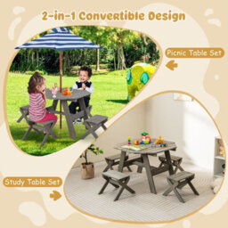 Costway Wooden Octagon Table Set Kids Picnic Table & 4 Chairs W/ Umbrella - thumbnail 3