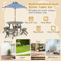 Costway Wooden Octagon Table Set Kids Picnic Table & 4 Chairs W/ Umbrella - thumbnail 8