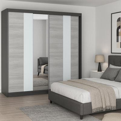 Multi 32 Sliding Wardrobe 233 Cm With Mirror With Sliding Doors Gray / Front: Kathult + White + Mirror - image 1