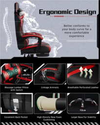 Yaheetech Ergonomic Gaming Chair With Massage Lumbar Pillow - Red - thumbnail 5