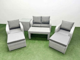 Fimous Light Grey Pe Wicker Rattan Garden Furniture Set Sofa Set Reclining Adjustable Chair 6 Seater 2 Big Stools Side Table - thumbnail 2