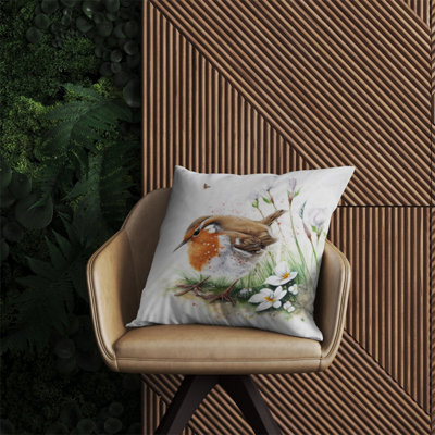 Warren Reed Designer Robin And Daisies Watercolour Outdoor Cushion 60Cm X 60Cm