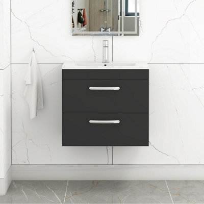 Royal Bathrooms Turin 600mm Matt Black Wall Hung Vanity Unit 2 Drawer With Minimalist Basin - image 1
