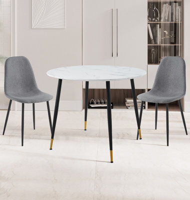 Hallowood Furniture Finley Small Round Dining Table In Marble Finish With 2 Dark Grey Fabric Chairs - image 1