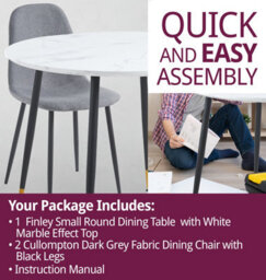 Hallowood Furniture Finley Small Round Dining Table In Marble Finish With 2 Dark Grey Fabric Chairs - thumbnail 7