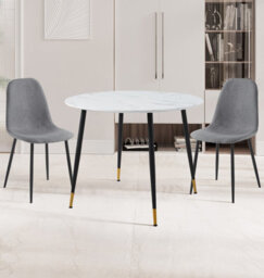 Hallowood Furniture Finley Small Round Dining Table In Marble Finish With 2 Dark Grey Fabric Chairs - thumbnail 1