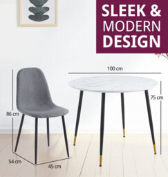 Hallowood Furniture Finley Small Round Dining Table In Marble Finish With 2 Dark Grey Fabric Chairs - thumbnail 3