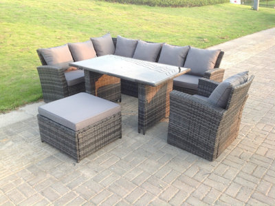 Fimous 8 Seater High Back Rattan Garden Furniture Set Corner Sofa With Black Tempered Dining Table Footstool With Arm Chair - image 1