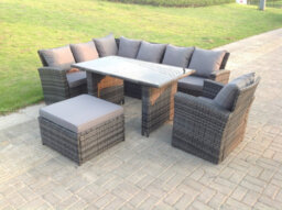 Fimous 8 Seater High Back Rattan Garden Furniture Set Corner Sofa With Black Tempered Dining Table Footstool With Arm Chair - thumbnail 1