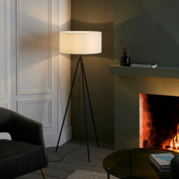 Anson Lighting Luminosa Tripod & Cylinder Base & Shade Floor Lamp Matt Black & Vintage White Fabric - thumbnail 2