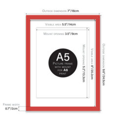 A5 Red Picture Frame With Mount For A6 (10.5 X 14.8Cm - 4.1 X 5.8In) Poster, Photo, Artwork, Or Print. - thumbnail 2