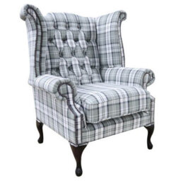 Chesterfield High Back Armchair Piazza Grey Check Fabric In Queen Anne Style