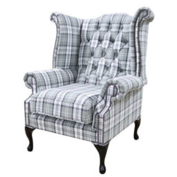 Chesterfield High Back Armchair Piazza Grey Check Fabric In Queen Anne Style - thumbnail 2