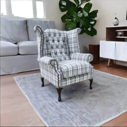 Chesterfield High Back Armchair Piazza Grey Check Fabric In Queen Anne Style - thumbnail 3