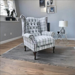 Chesterfield High Back Armchair Piazza Grey Check Fabric In Queen Anne Style - thumbnail 4