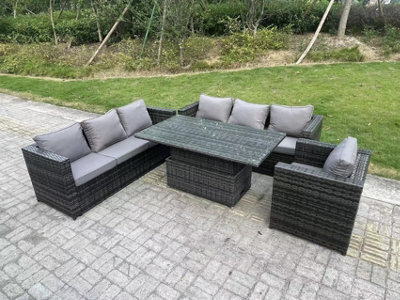 Fimous Wicker Pe Garden Furniture Rattan Sofa Set Outdoor Adjustable Rising Lifting Dining Table Set 7 Seater - image 1