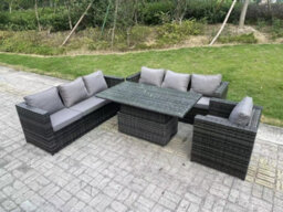 Fimous Wicker Pe Garden Furniture Rattan Sofa Set Outdoor Adjustable Rising Lifting Dining Table Set 7 Seater - thumbnail 2