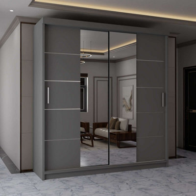 Sliding Wardrobes 4 u LTD Sliding Wardrobes 4U Evora Grey Mirror Sliding Door Wardrobe With Shelves & Rails, W180Cm X H217Cm - image 1