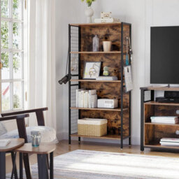 Bookcase, Office Storage Shelf, 4 Tiers For Books, Steel Frame, S-Shaped Hooks, Room, Studio, Rustic Brown And Black