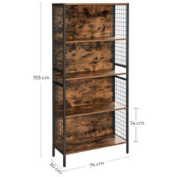 Songmics Bookcase, Office Storage Shelf, 4 Tiers For Books, Steel Frame, S-Shaped Hooks, Room, Studio, Rustic Brown And Black - thumbnail 2