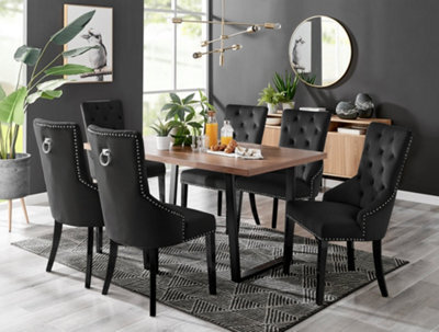 Furniturebox Kylo Brown Rectangular Wood Effect Dining Table & 6 Black Velvet Belgravia Black Leg Chairs - image 1